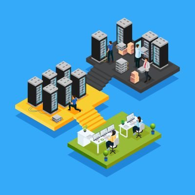 Isometric data center concept with women working in office and engineers repair and maintain hosting servers isolated vector illustration